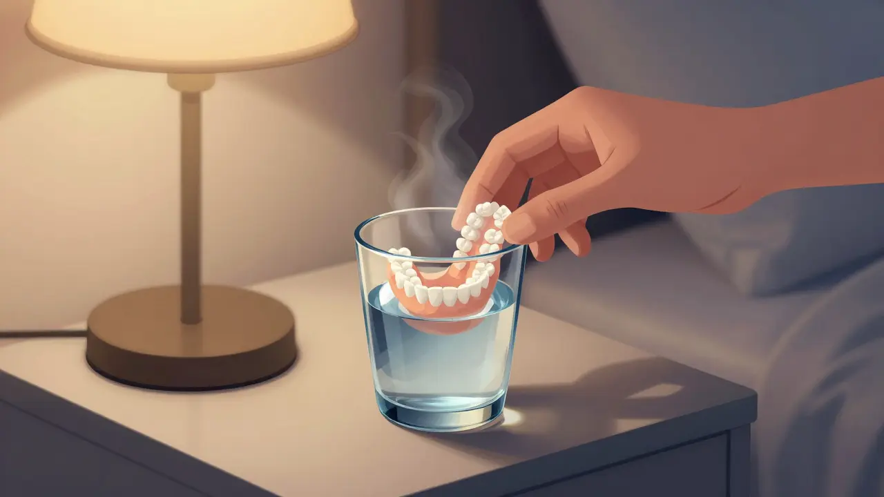 Zubní protézy uložené ve sklenici s vodou na nočním stolku.