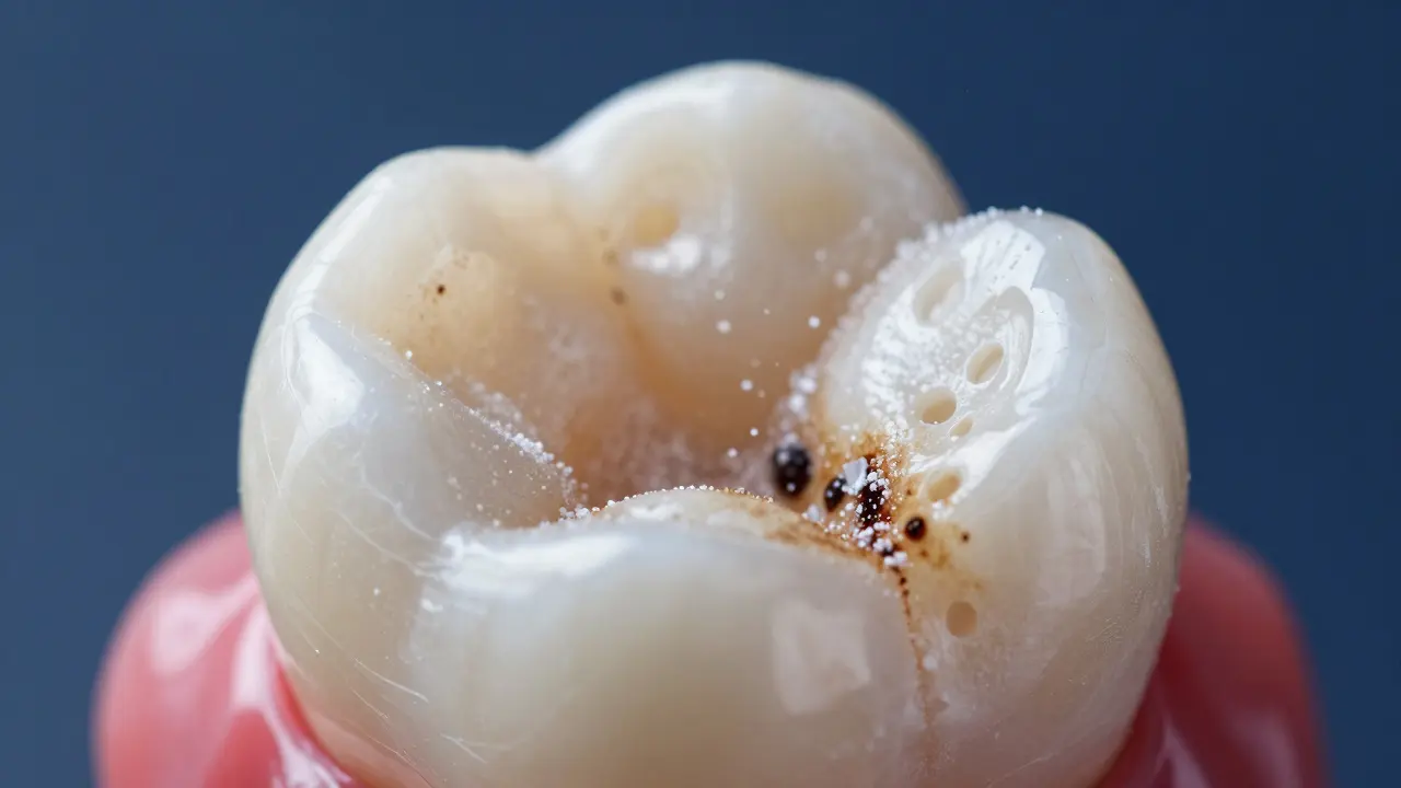 Zvětšený pohled na zubní povrch, kde se mikropóry zavírají pomocí vápníku a fluoridu, zatímco barviva odstraňují.