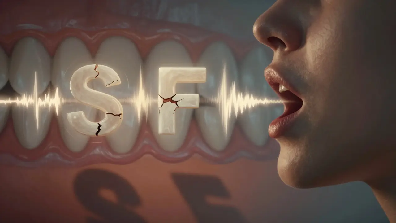 Zvukové vlny zkreslené kolem zvuků S, F a T kvůli prasklině v zubu.