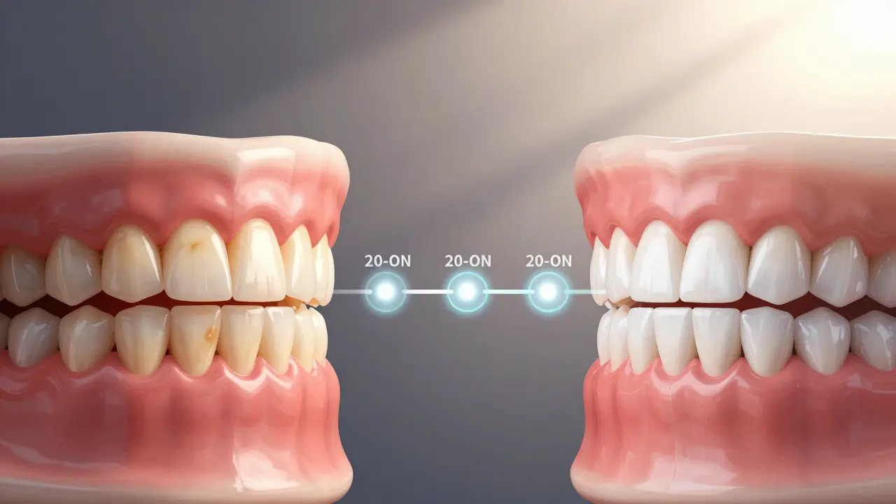 Before and after comparison of yellowish teeth turning bright white after professional whitening.