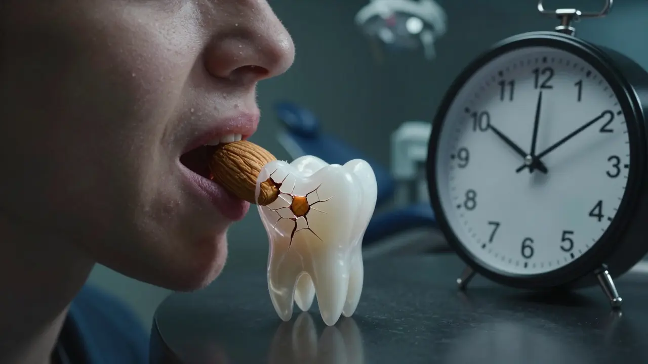 Člověk žvýká oříšek, zatímco v zubu vznikají praskliny a čas běží