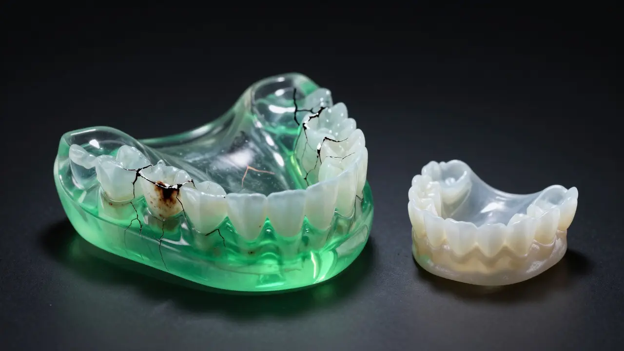Damaged acrylic denture being corroded by whitening gel, contrasted with intact zirconia crown.