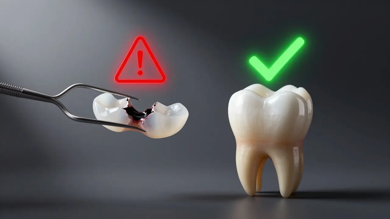 Dental scale contrasting vulnerable veneer with protective crown.