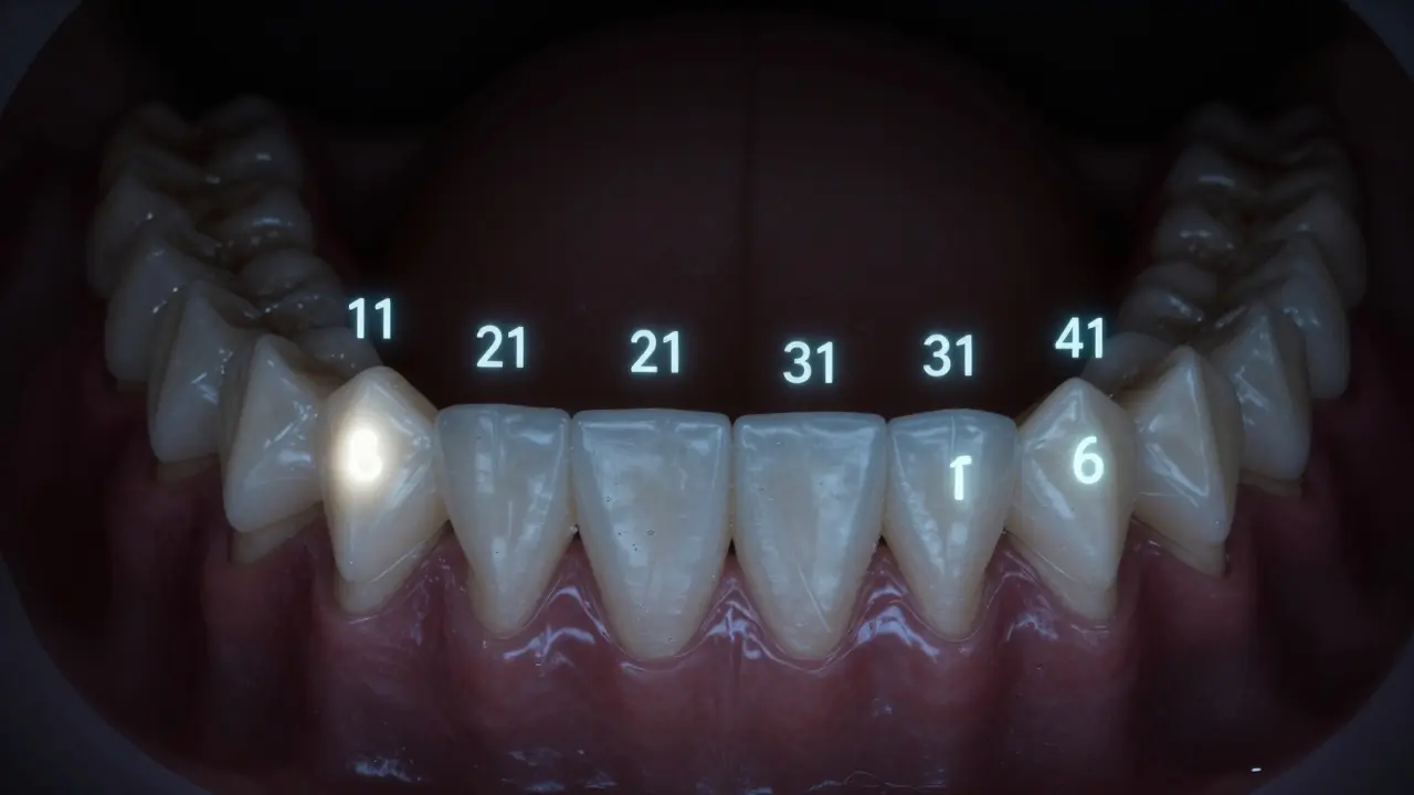Dentalní číselný systém na lidské čelisti s čísly 11, 21, 31, 41 a 16 zvýrazněnými světelnými značkami.