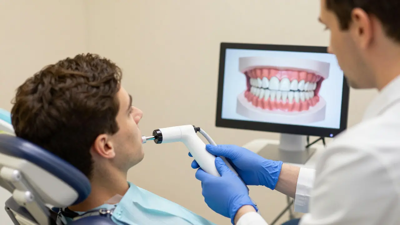 Dentist používá digitální skener pro diagnostiku tetracyklinových zubů v klinice.