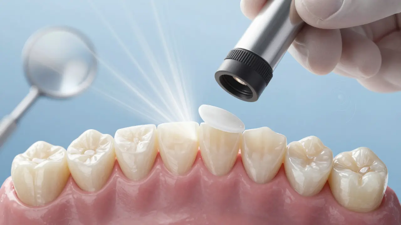 Dentista přilepuje tenkou keramickou fazetu na zub pod zvětšením.