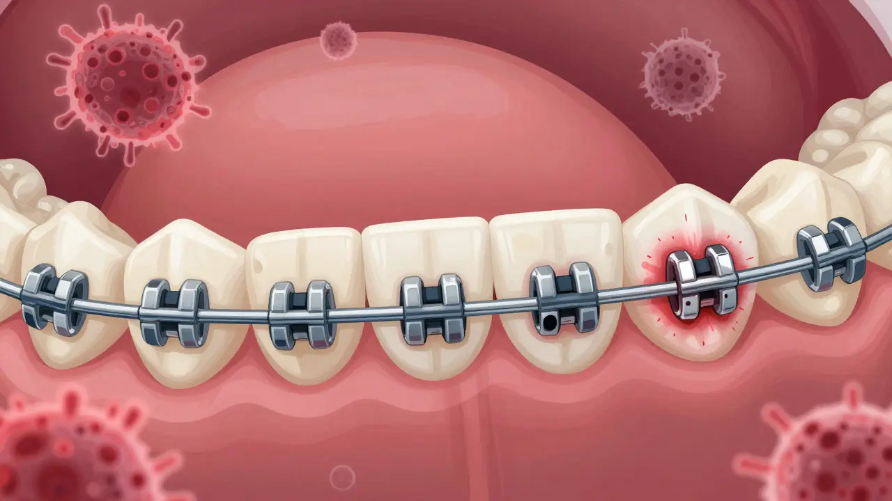 Detail znečištěných a čistých gum na rovnátka s vizuálním znázorněním bakterií a zánětu.