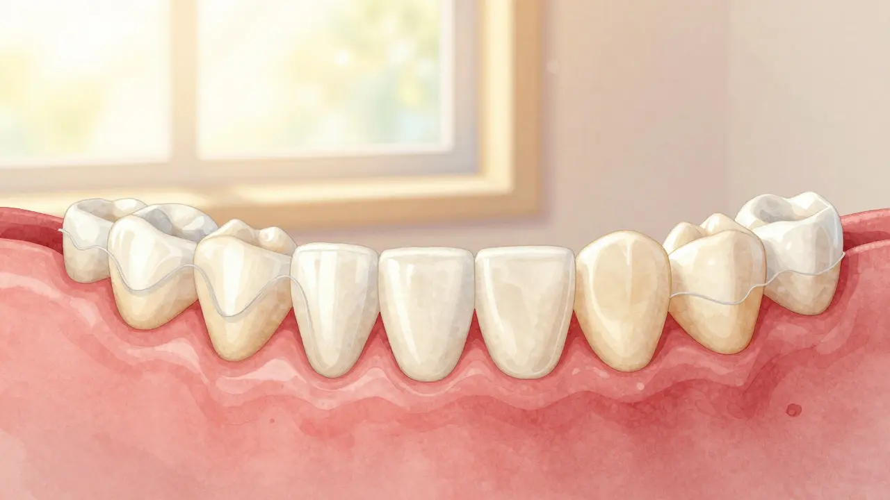 Dětská čelist s přechodem od mléčných k stálým zubům, viditelné vyrůstající stálé zuby pod mléčnými.