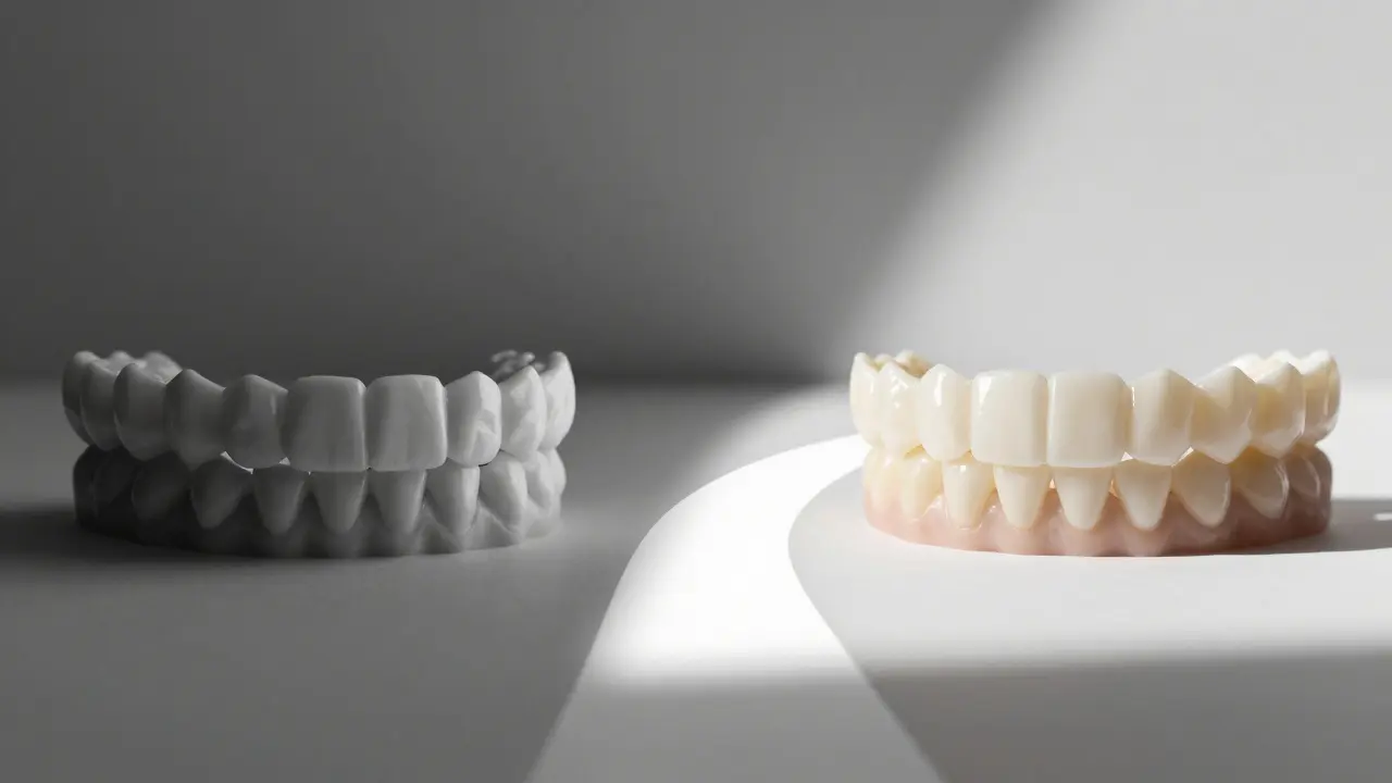 Dva stavy zubů: křivé s tmavými stíny a zarovnané s rovnoměrným zářením.