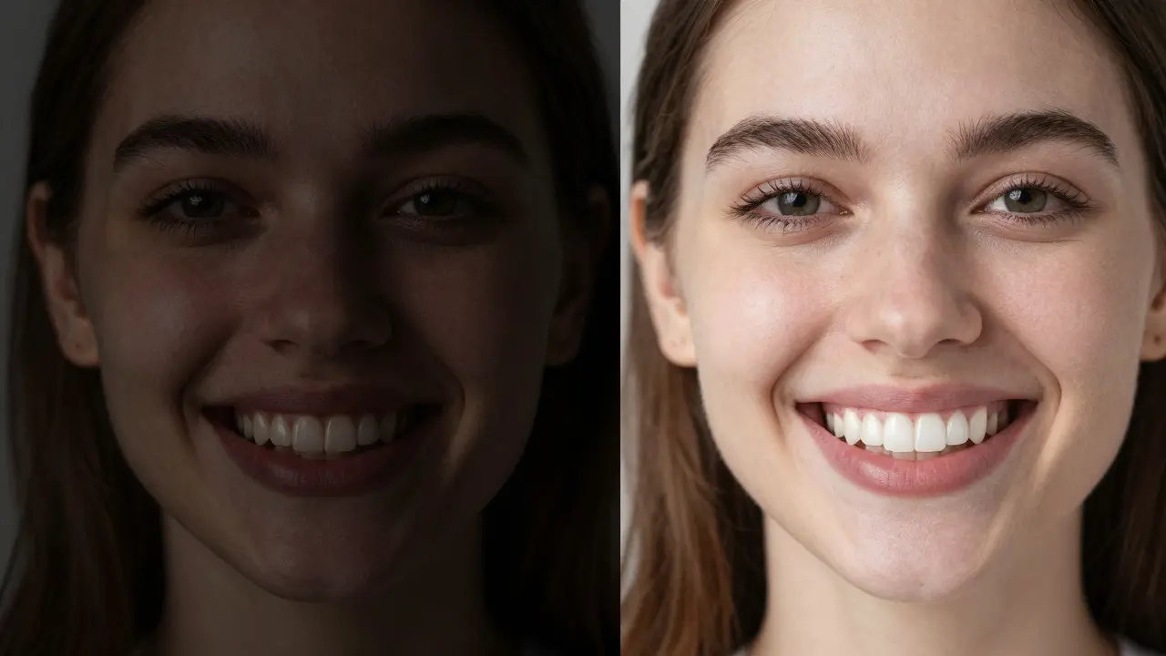 Dvě verze stejné osoby: s poškozenými a s vylepšenými zuby, symbolizující přeměnu úsměvu.