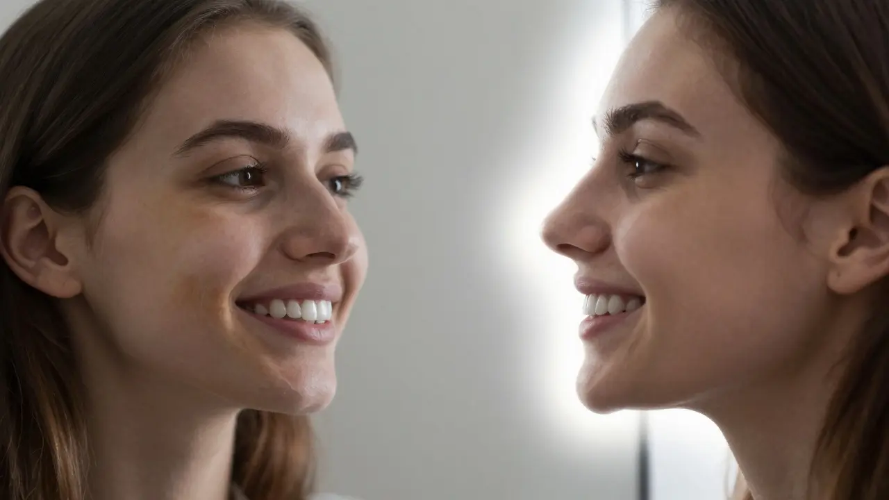 Dvě verze úsměvu: jedna s nevýraznými zuby, druhá s bílými fazetami – symbol transformace sebevědomí.