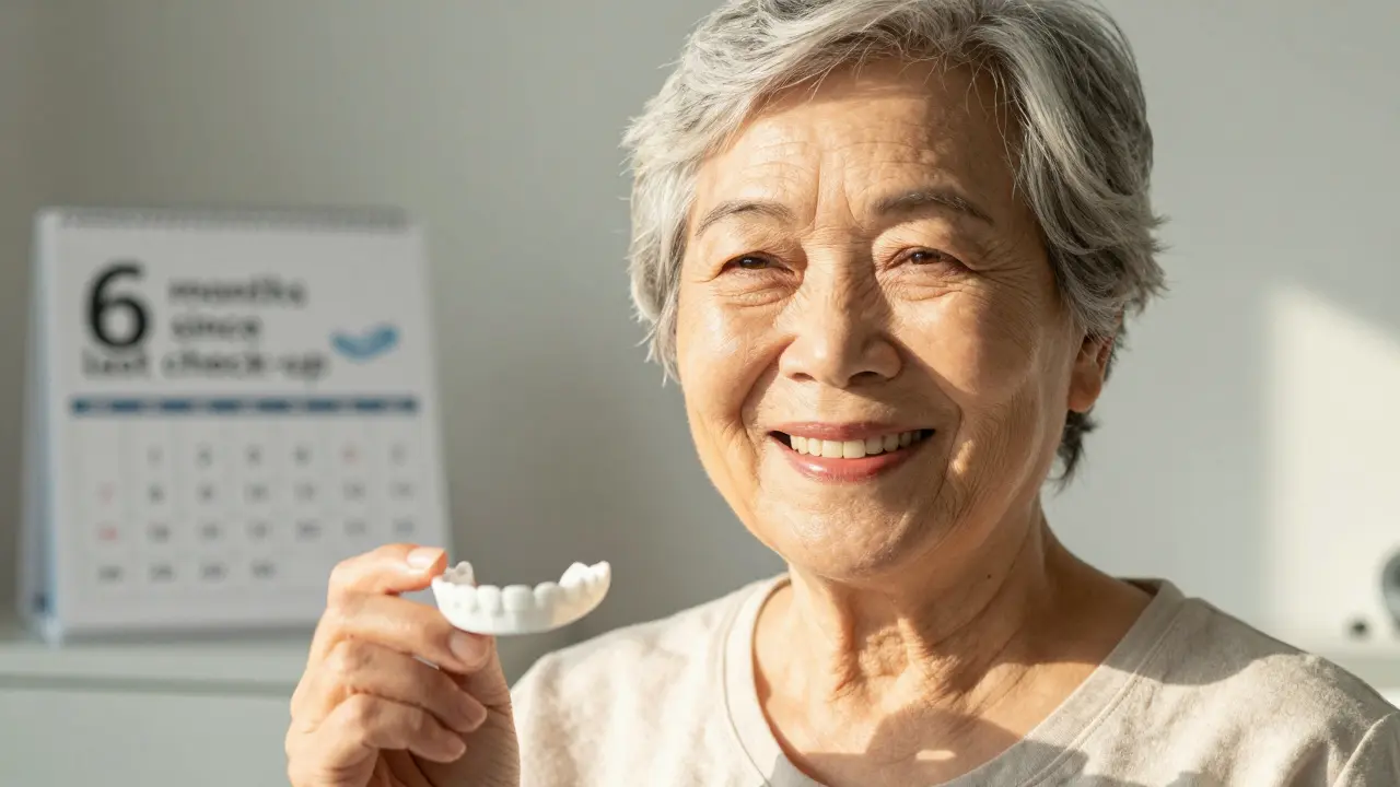 Elderly person smiling while holding a new, bright white dental prosthesis in natural light.