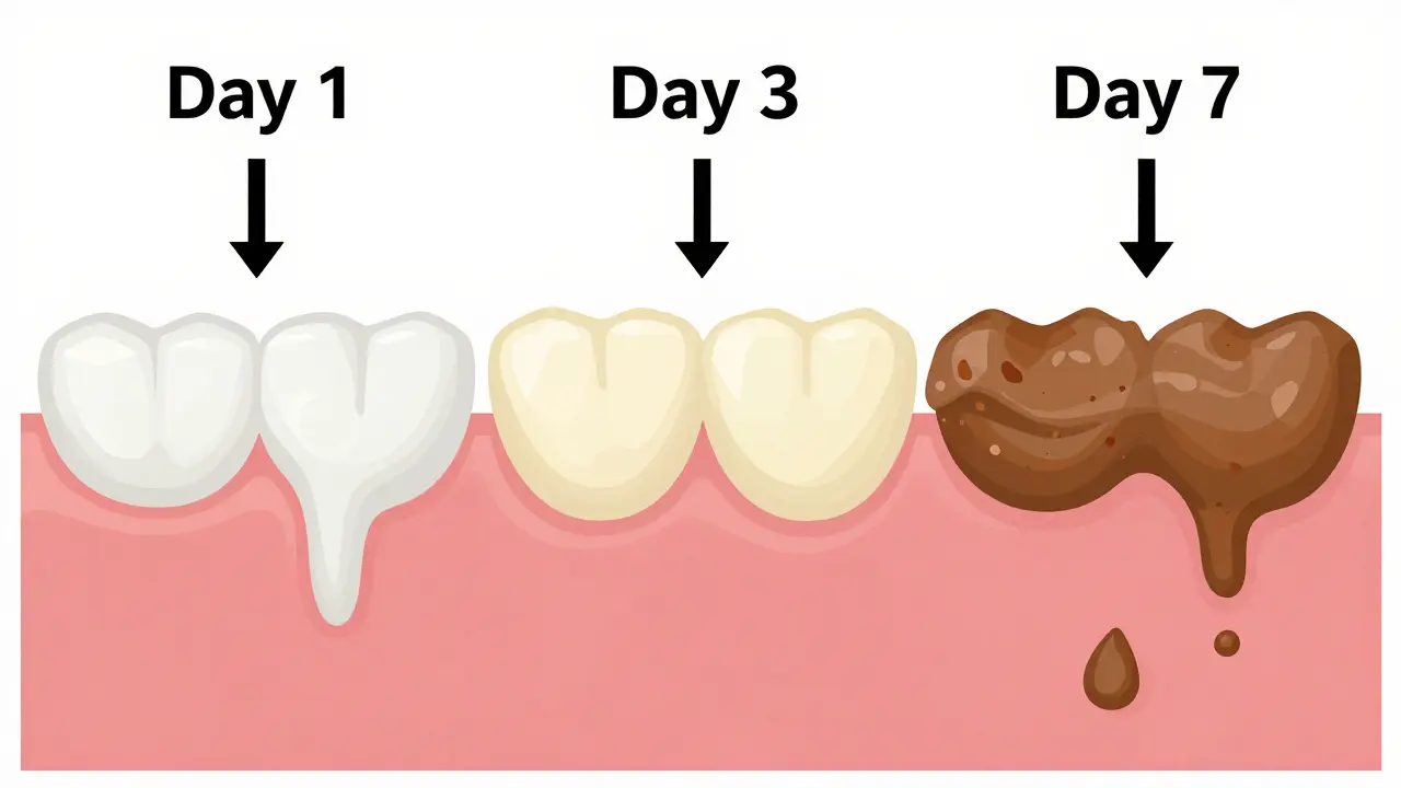 Grafické znázornění přeměny zubního plaku na tvrdý zubní kámen během týdne.