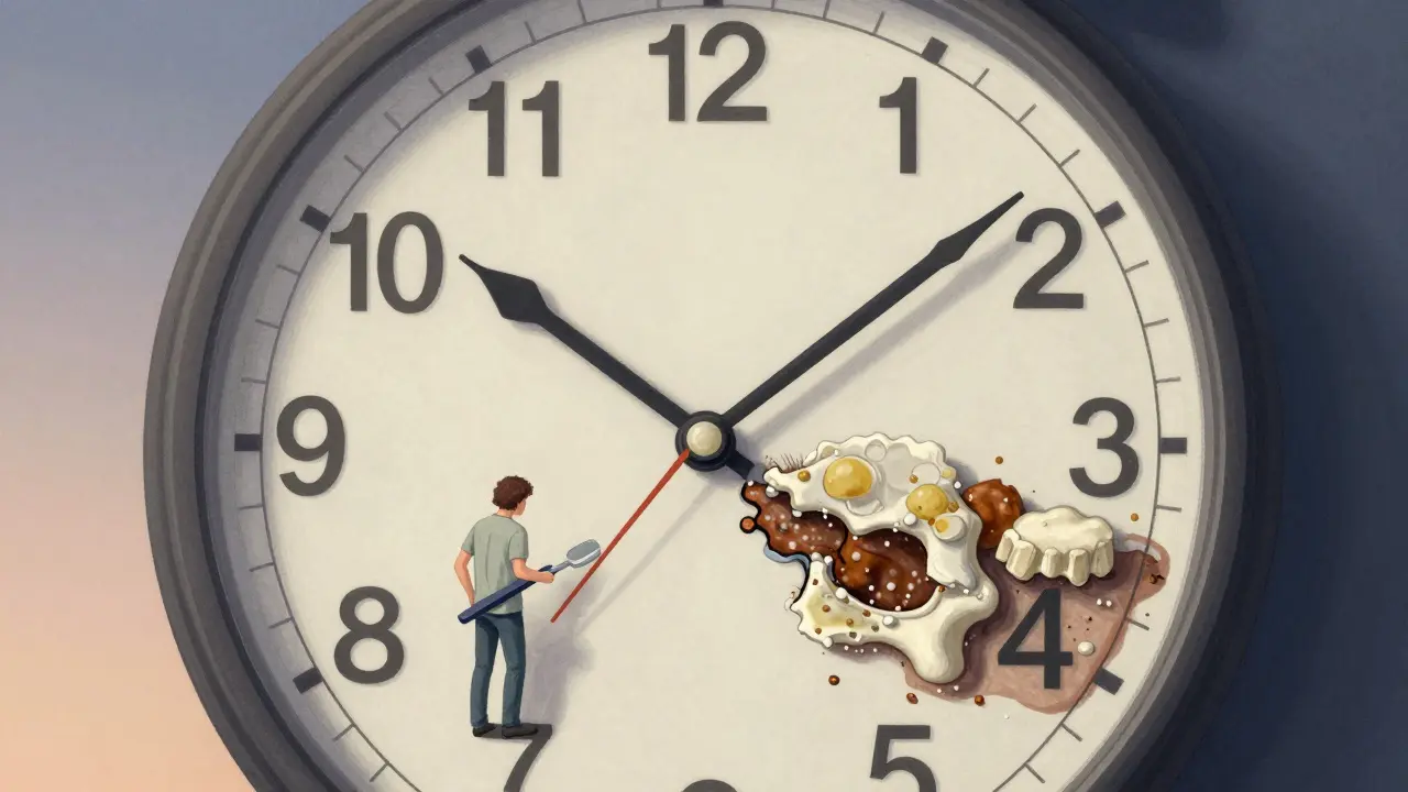 Hodiny s zuby místo čísel, znázorňující postupný vývoj zubního plaku a jeho důsledky.