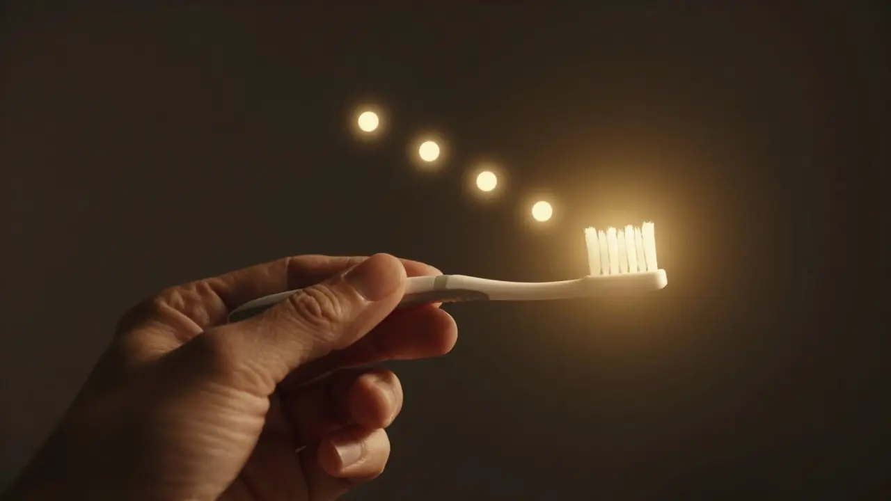 Jednorázový mezizubní kartáček s symbolickými světlými tečkami denního používání.