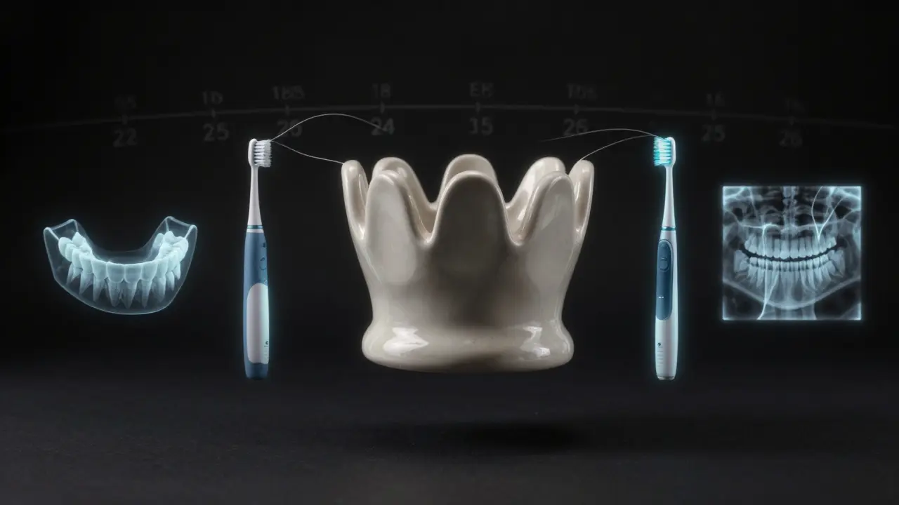 Keramická koruna obklopená symboly péče o zuby: noční štětice, floss, elektrická kartáček a RTG.