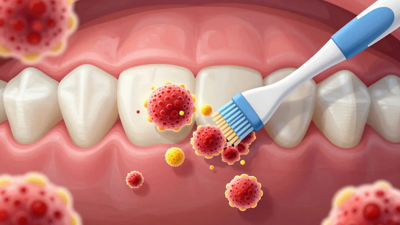 Mikroskopický pohled na odstranění plaku mezizubním kartáčkem.