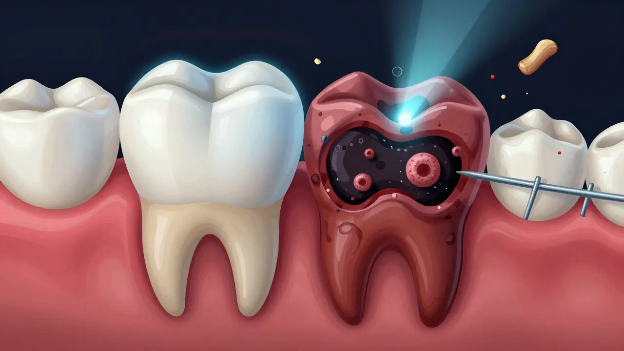 Mikroskopický pohled na zub s poškozenou sklovinou a bakteriemi pod orthodontickými dráty, s laserovým světlem.