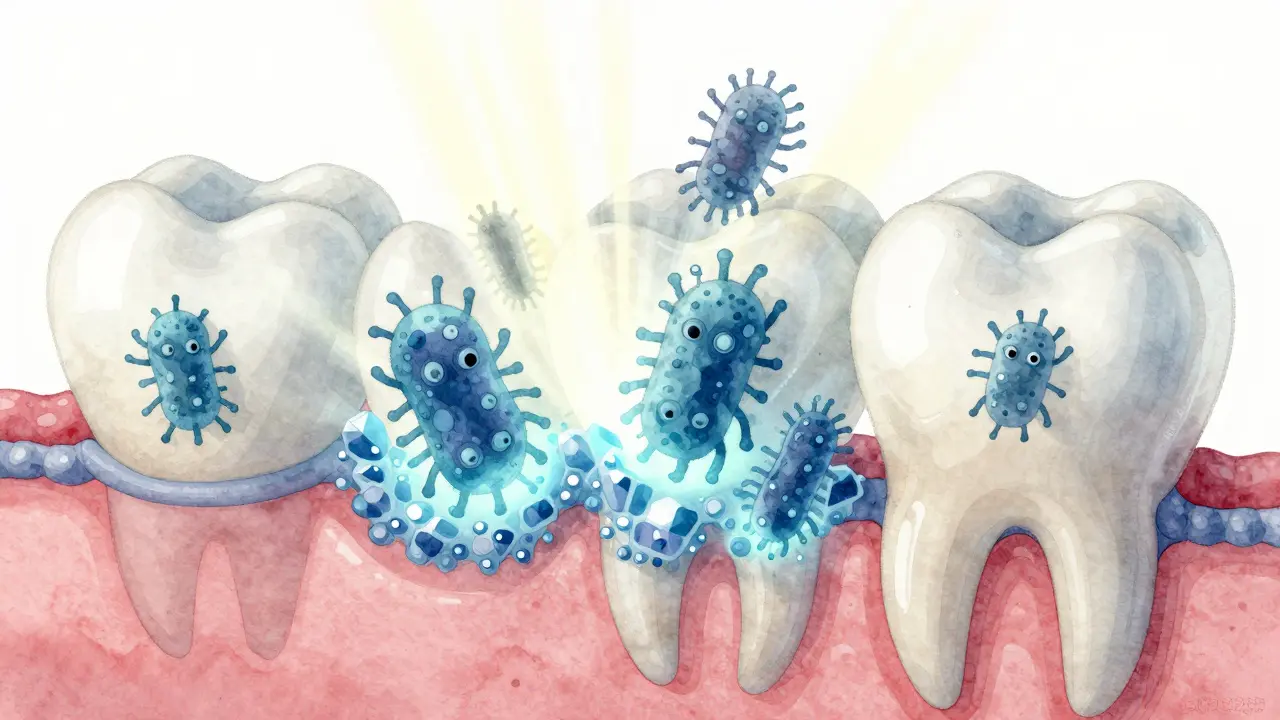 Miniaturní boj bakterií a fluoridových iontů na povrchu zubní skloviny.