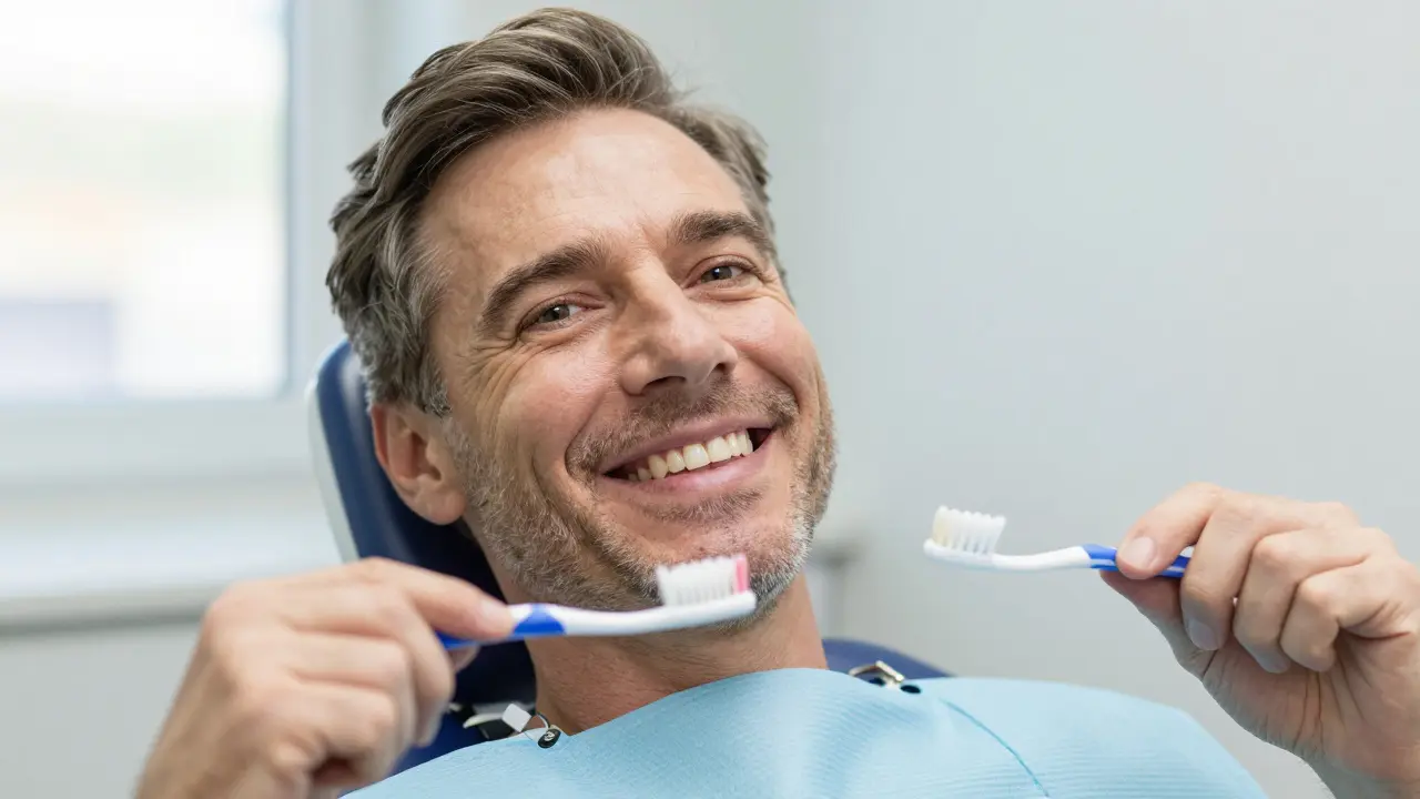Muž po odstranění zubního kamene smíře a zdravými dásněmi v zubní klinice.