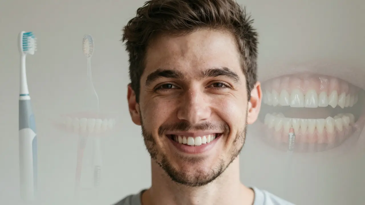 Muž se usmívá s obnovenými zuby, za ním jsou průhledné obrazy jeho dřívějšího poškození a péčových nástrojů.