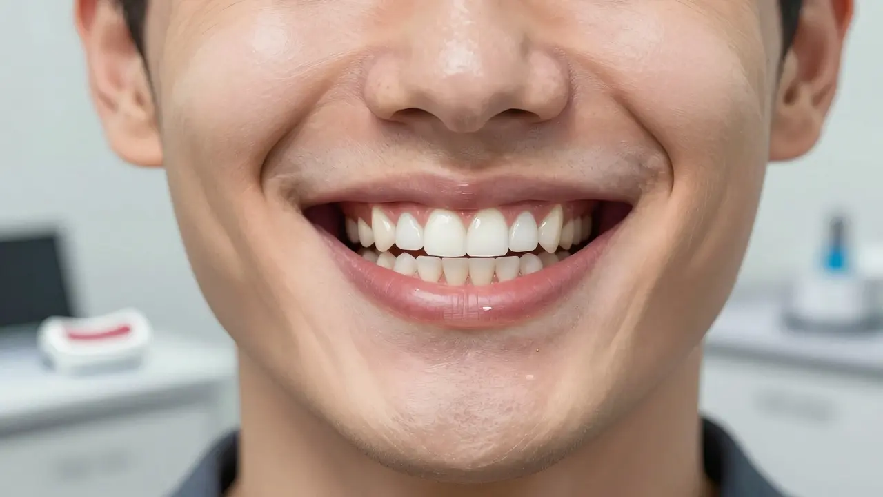 Nerovnoměrné bělení zubů: plomby zůstávají tmavé, zatímco sklovina se zbělí.