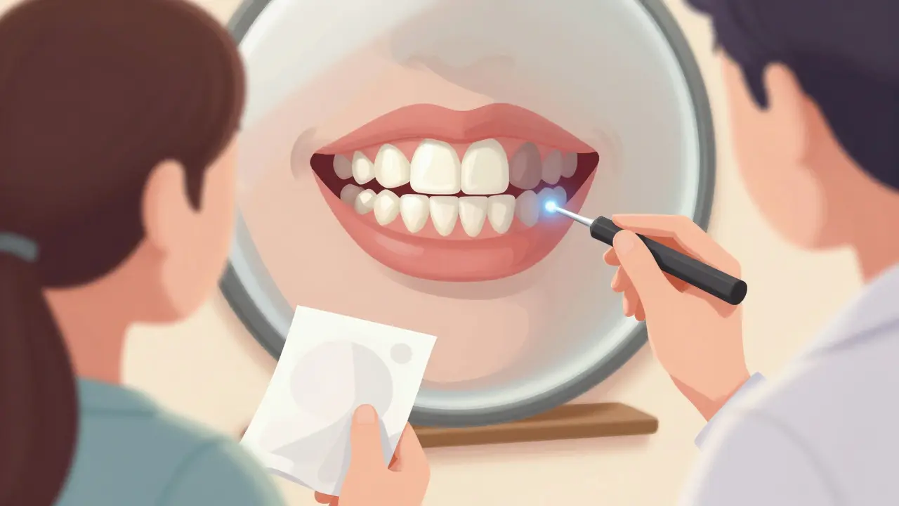 Osoba se dívá do zrcadla, kde její zuby vypadají nerovnoměrně bělěné kvůli křivosti.