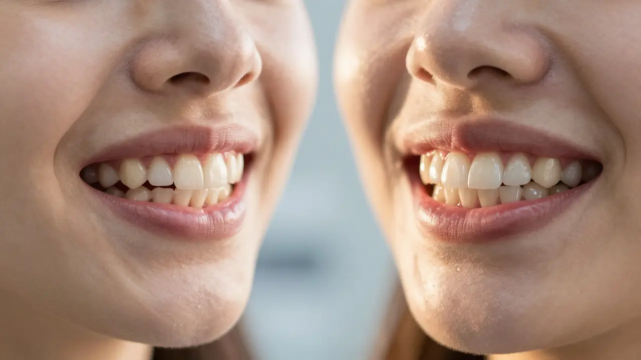 Pacient s noční ochrannou plotnou a srovnáním zdravého a poškozeného zubu