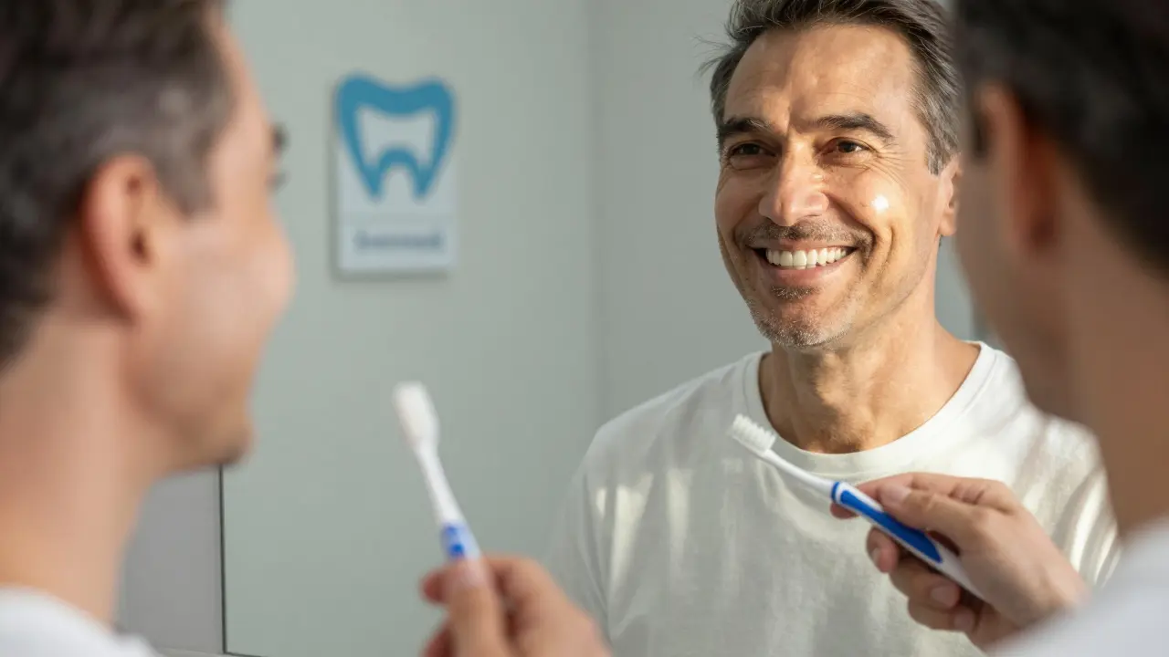 Person smiling with natural-looking dental implant and oral hygiene tools.