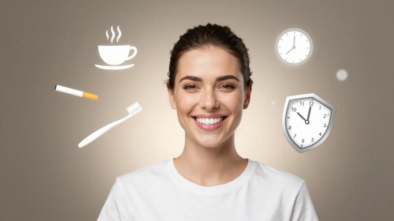 Person smiling with white teeth surrounded by icons representing whitening factors and longevity.