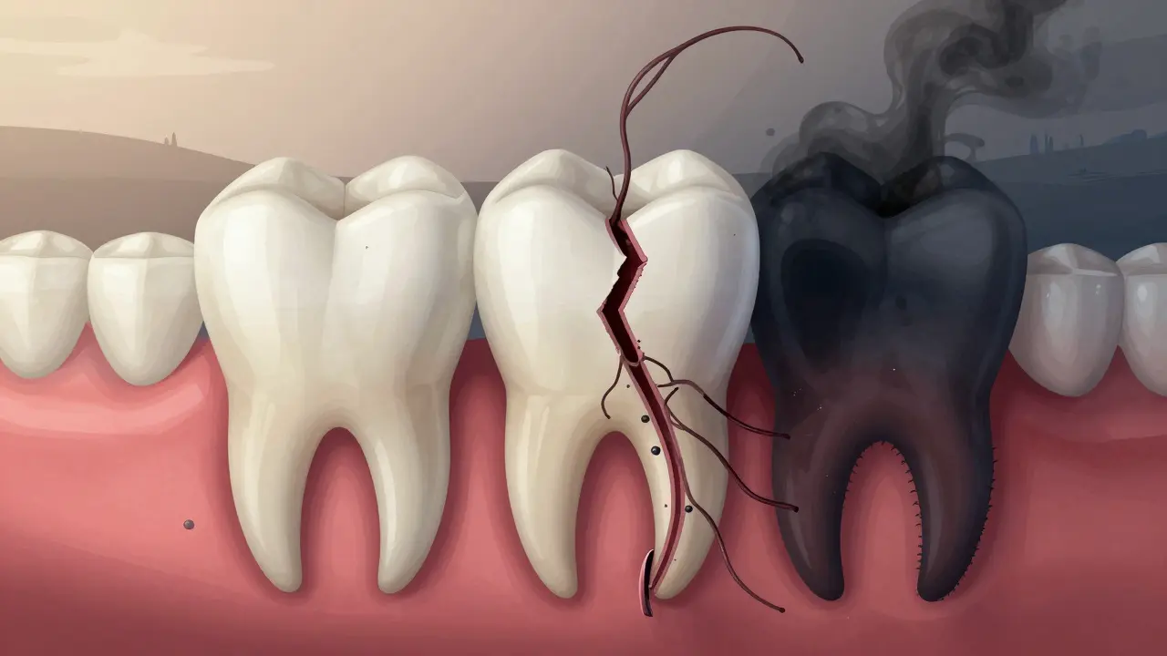 Prasklina v zubu s bakteriemi pronikajícími do kořene, zatímco korunka chrání zub