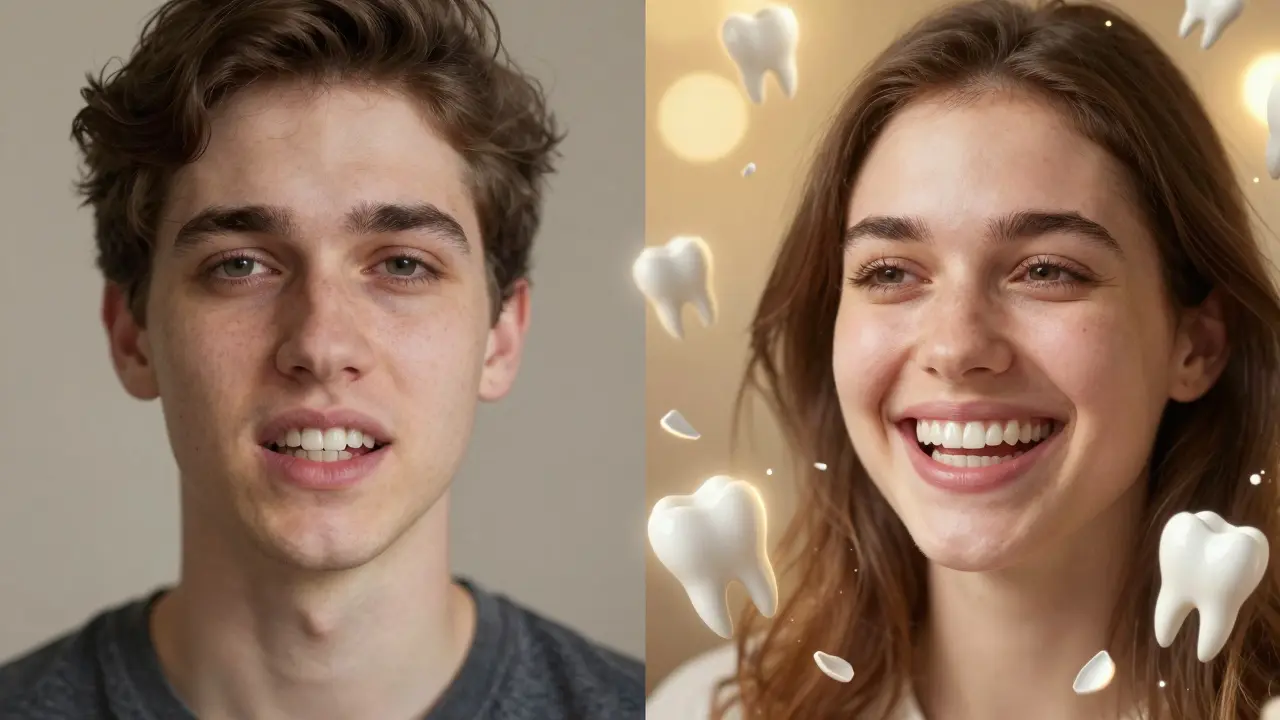 Před a po transformaci úsměvu: od ticha k radosti s novými fazetami.