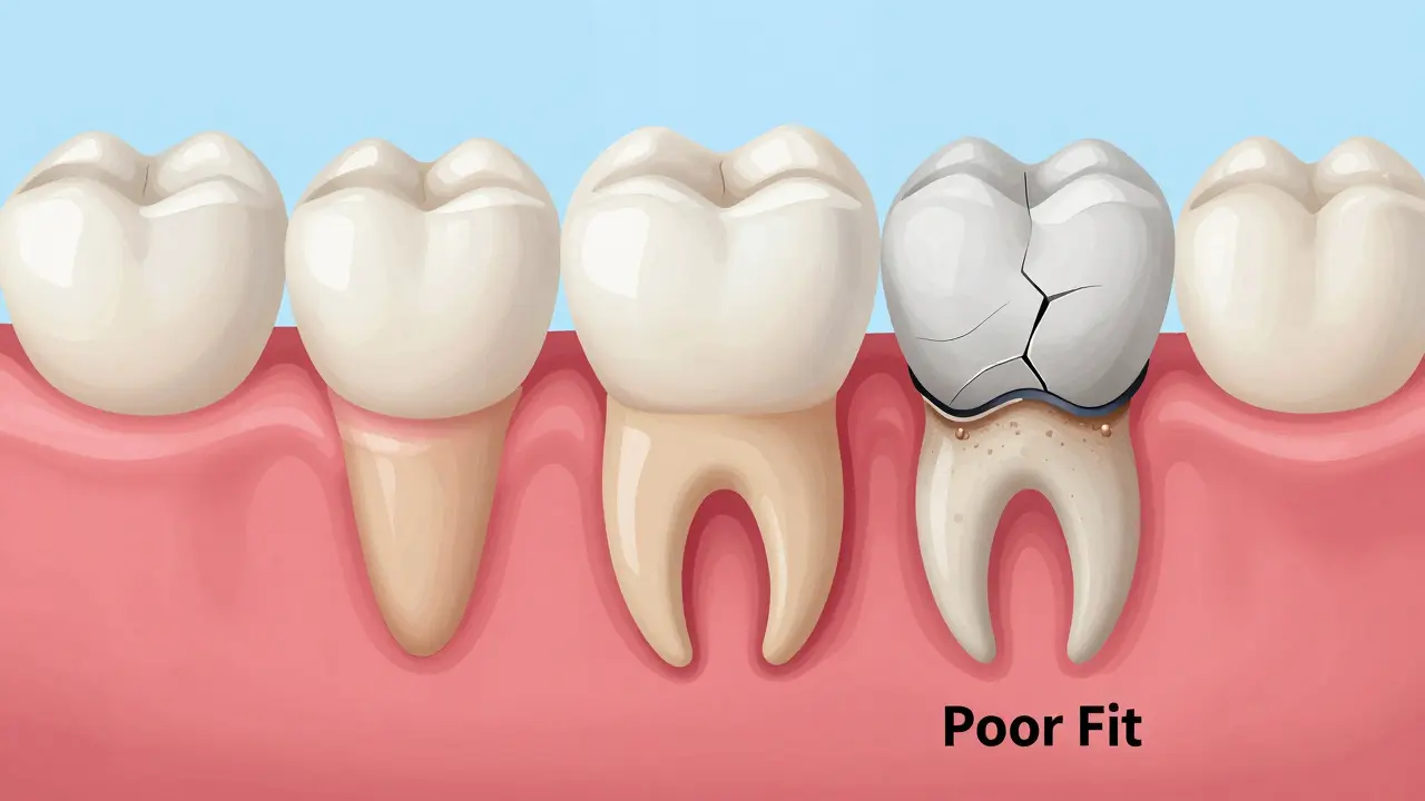 Průřez zubu s zirkoniovou korunou, srovnávající zdravý stav s poškozeným a znečištěným okolím.
