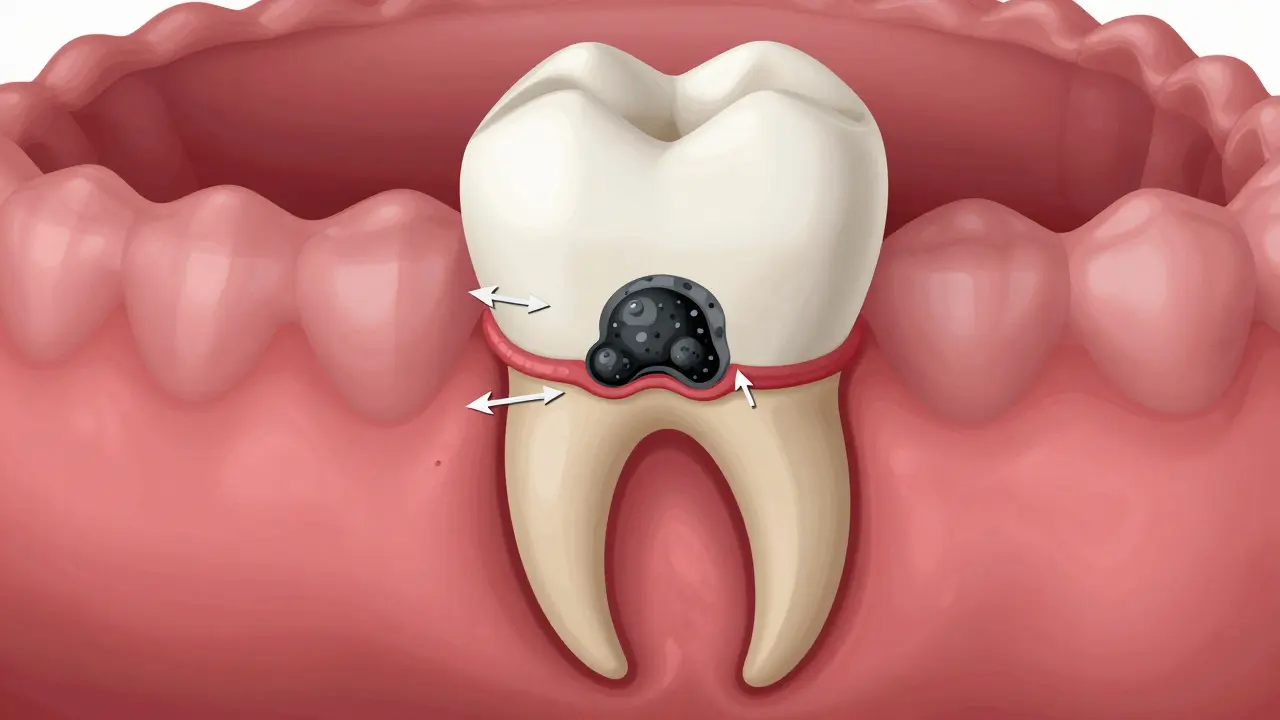 Průřez zubu ukazující mineralizovanou placku pod dásní a ničení kosti.