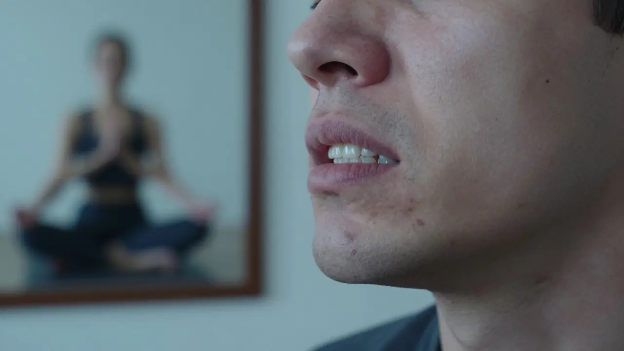 Spící osoba s třením zubů a meditačním odrazem v zrcadle.