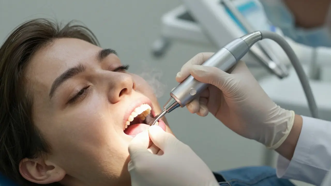 Stomatolog odstraňuje kámen ultrazvukovým nástrojem