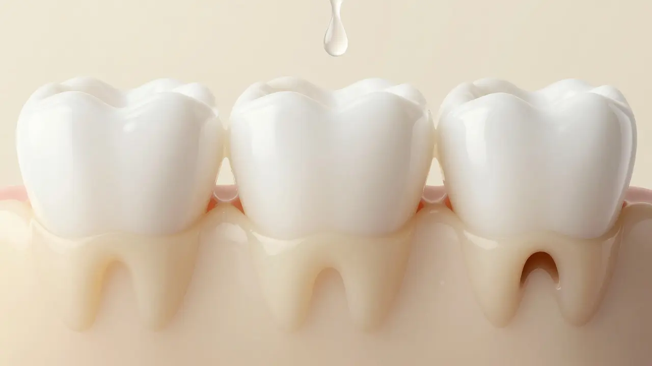 Tři fáze vývoje zubního kazu: zdravý zub, počínající kaz a pokročilá škoda.