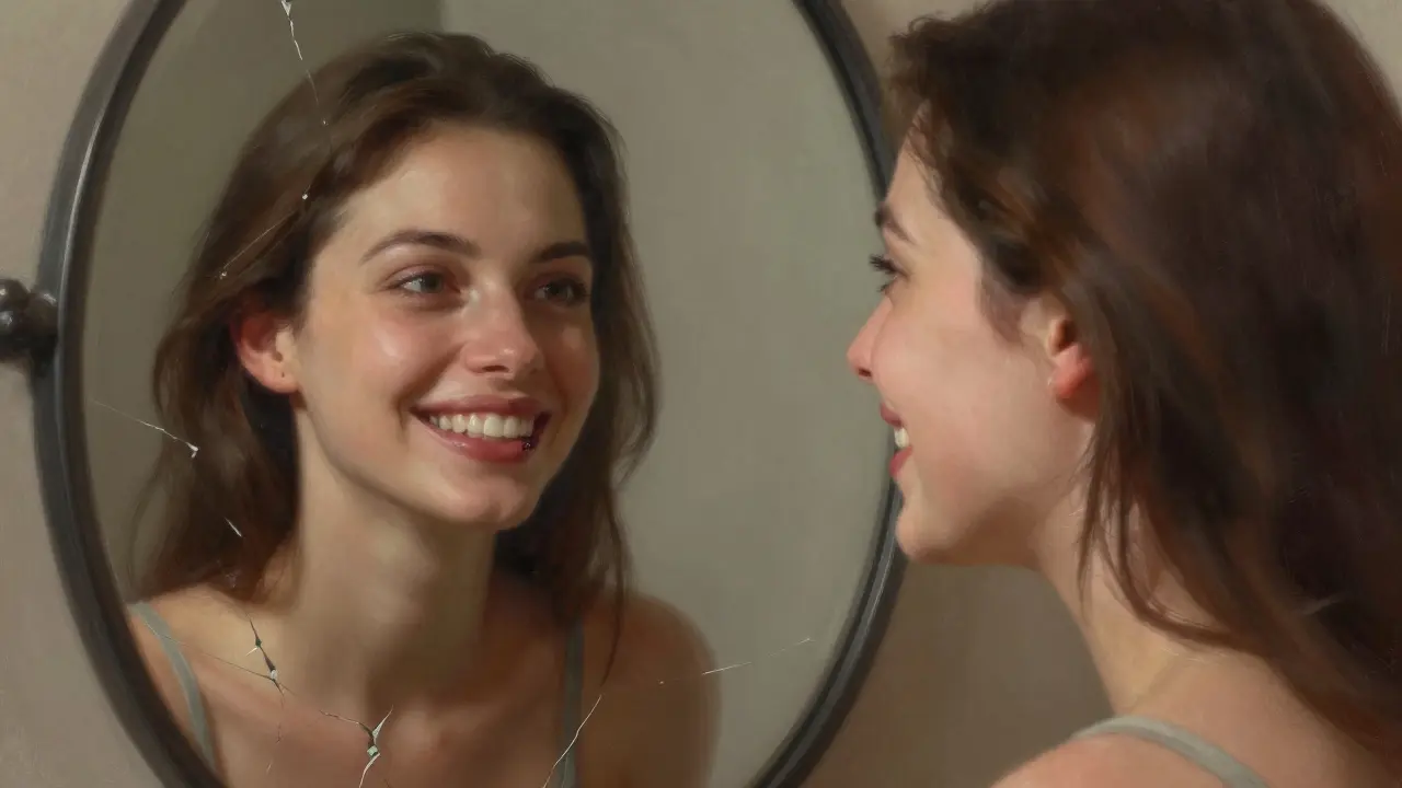 Žena se dívá do zrcadla, kde její skutečný úsměv ukazuje zubní plak a kameny.