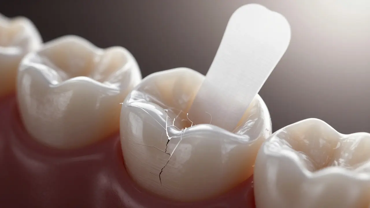 Ztenčená sklovina zubu s průhlednými hranami kvůli příliš častému bělení.