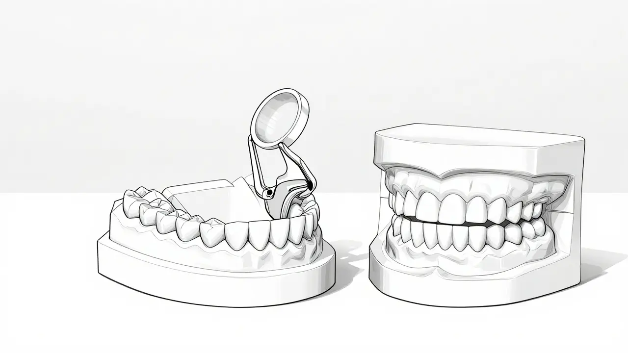 Ztvrdlý odtisk zubů a gipsový model.