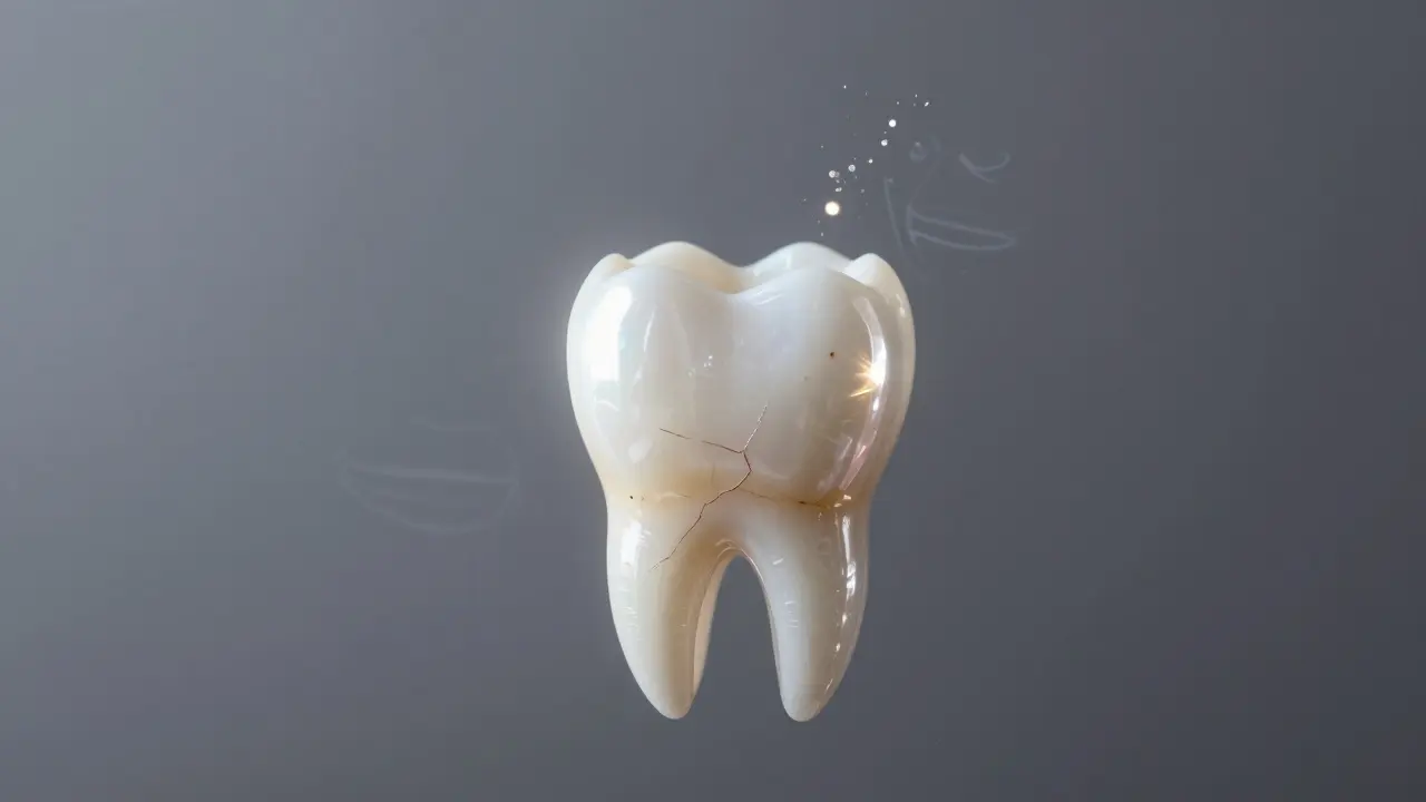 A ceramic veneer dissolving imperfections into light, symbolizing dental enhancement.