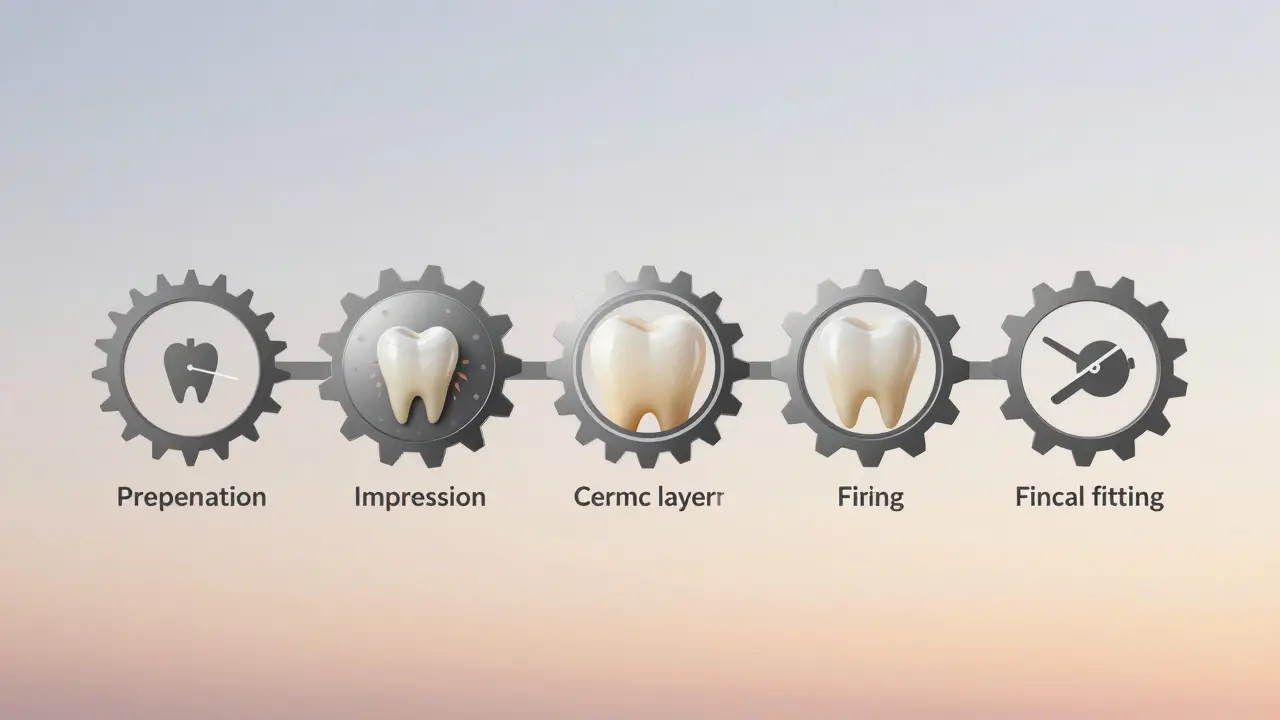 Časová osa ukazující kroky výroby metalokeramické korunky od přípravy zubu po instalaci.