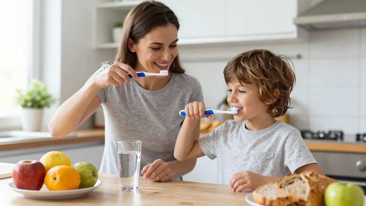 Česká rodina se čistí zuby ve kuchyni, na stole sklo vodovodní vody s fluoridem a zdravé potraviny.