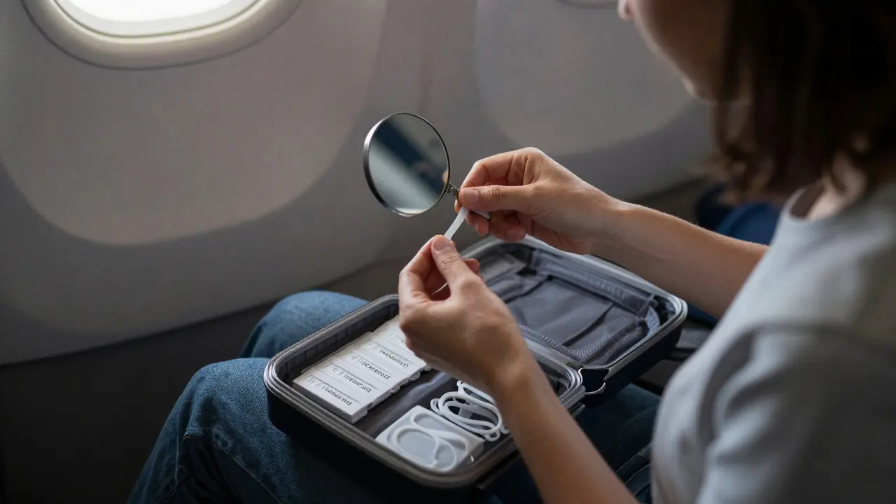 Cestující na letadle nahrazuje přetrženou gumičku na rovnátka pomocí malého zrcátka.