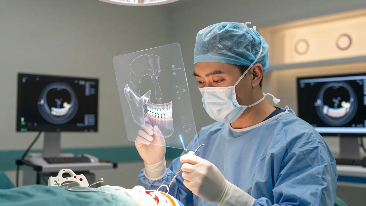 Chirurg pracuje s 3D holografickým modelem čelisti během plánování operace v moderní české nemocnici.