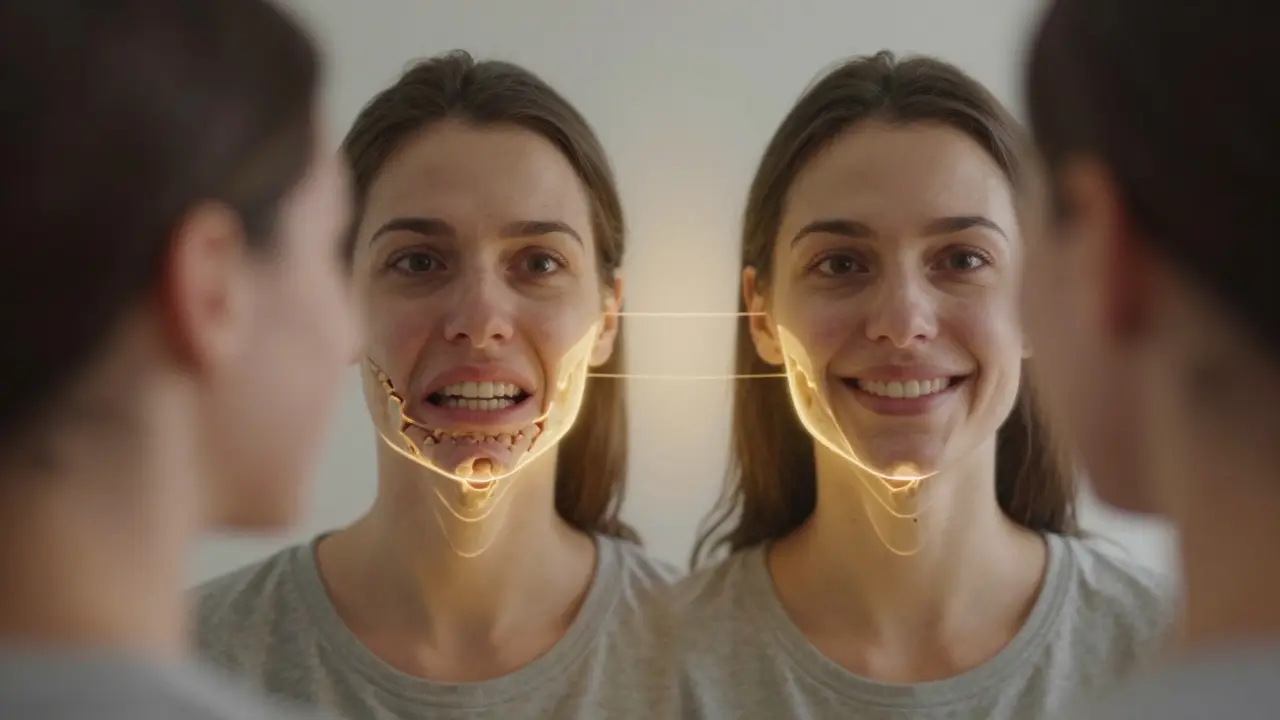 Člověk hledí do zrcadla, kde jeho odraz ukazuje dva stavy obličeje – před a po chirurgické opravě čelisti.