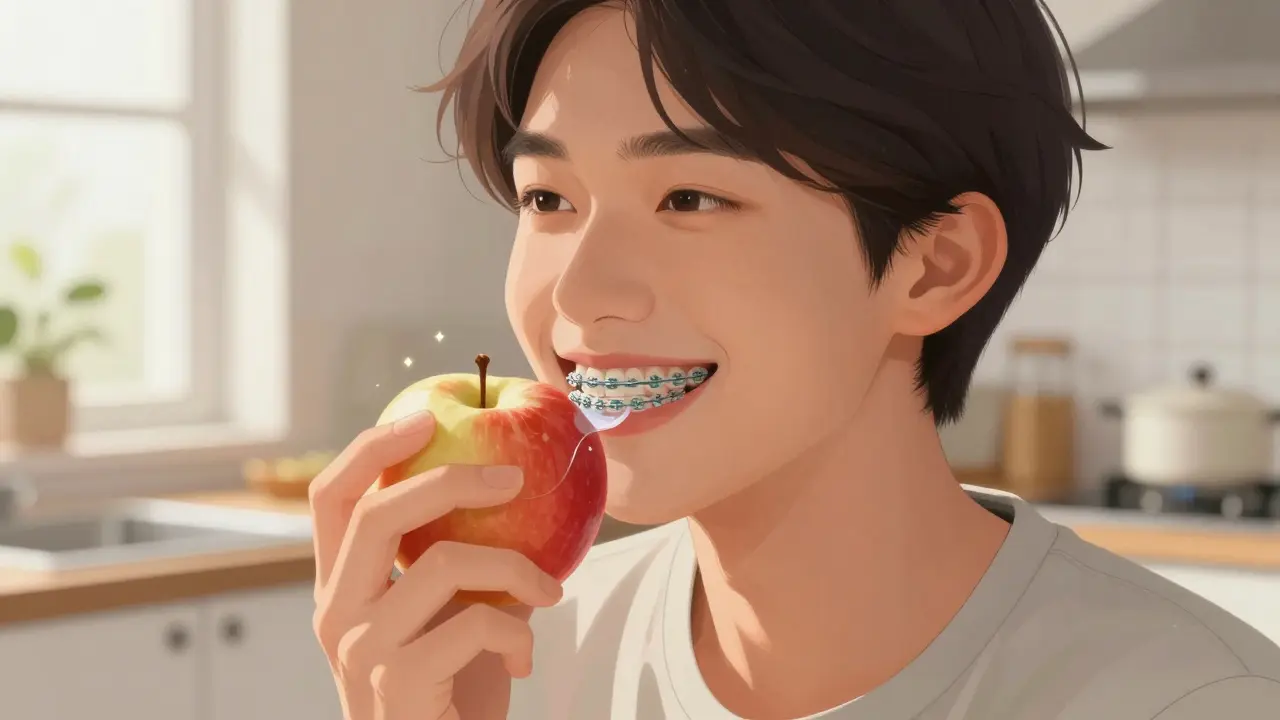 Člověk jí jablko s voskem na rovnátkách bez bolesti.