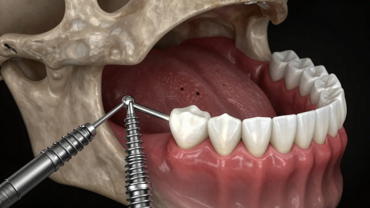 Cross-section of jawbone showing bone loss and regeneration with dental implants being placed.