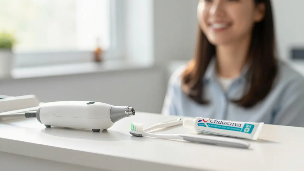 Dentální hygienické nástroje jako sonika a kartičky pro odstranění kamene.