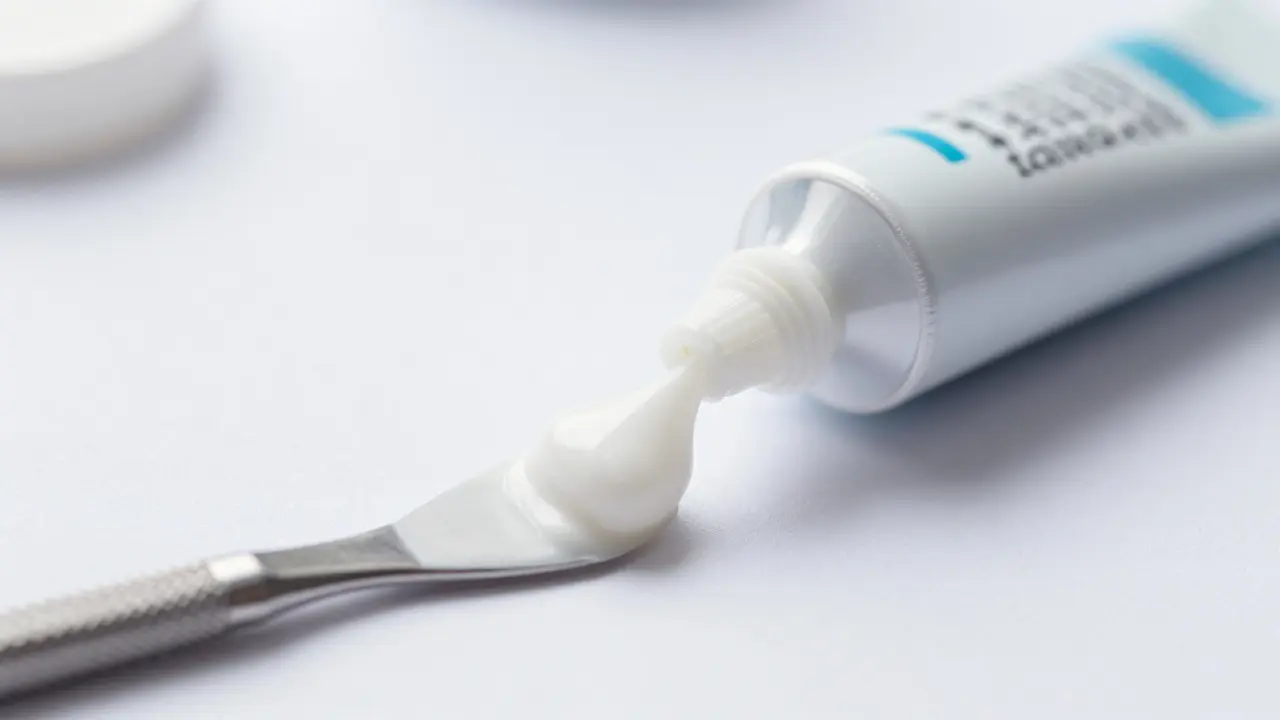 Dočasný zubní cement a lékařský nástroj na bílé podložce.